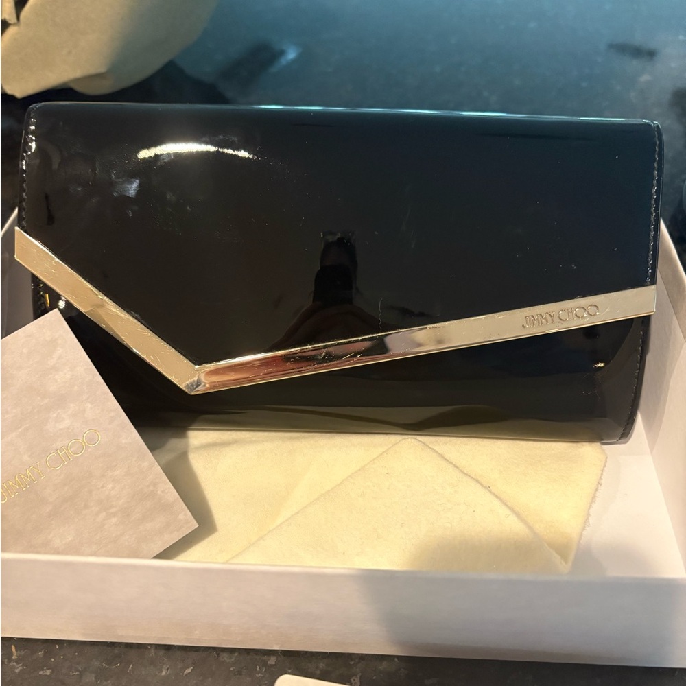 Jimmy Choo Glossy Black Clutch with Gold Accent